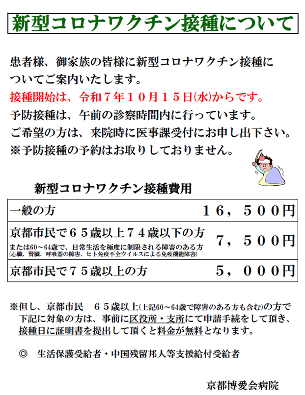 患者様、御家族の皆様に新型コロナワクチン接種についてご案内いたします。接種開始は、令和7年10月15日(水)からです。予防接種は、午前の診察時間内に行っています。ご希望の方は、来院時に医事課受付にお申し出下さい。※予防接種の予約はお取りしておりません。新型コロナワクチン接種費用一般の方 １６，５００円　京都市民で65歳以上74歳以下の方または60～64歳で、日常生活を極度に制限される障害のある方７，５００円(心臓、腎臓、呼吸器の障害、ヒト免疫不全ウイルスによる免疫機能障害)京都市民で75歳以上の方５，０００円※但し、京都市民 65歳以上(上記60~64歳で障害のある方も含む)の方で下記に対象の方は、事前に区役所·支所にて申請手続をして頂き、接種日に証明書を提出して頂くと料金が無料となります。生活保護受給者·中国残留邦人等支援給付受給者