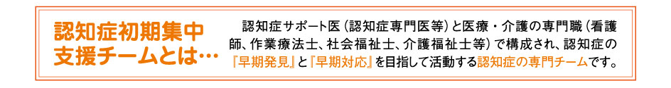 認知症初期集中支援チームとは…認知症の専門医（認知症サポート医）と医療・介護の専門職（看護師、作業療法士、社会福祉士、介護福祉士等）で構成され、認知症の『早期発見』と『早期対応』を目指して活動する認知症の専門チームです。