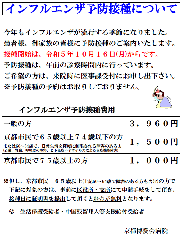 インフルエンザ予防接種のご案内