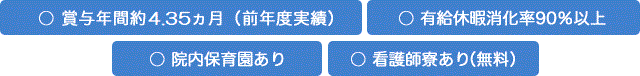 賞与年間約4.35ヶ月(前年度実績)有給休暇消化率90%以上 院内保育園あり 就職支度金制度あり 看護師寮あり(無料)