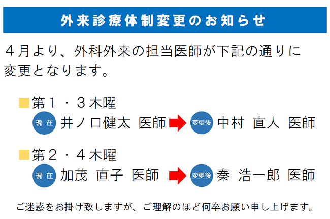 外来診療体制変更のお知らせ　2021年4月より、外科外来の担当医師が下記の通りに変更となります。